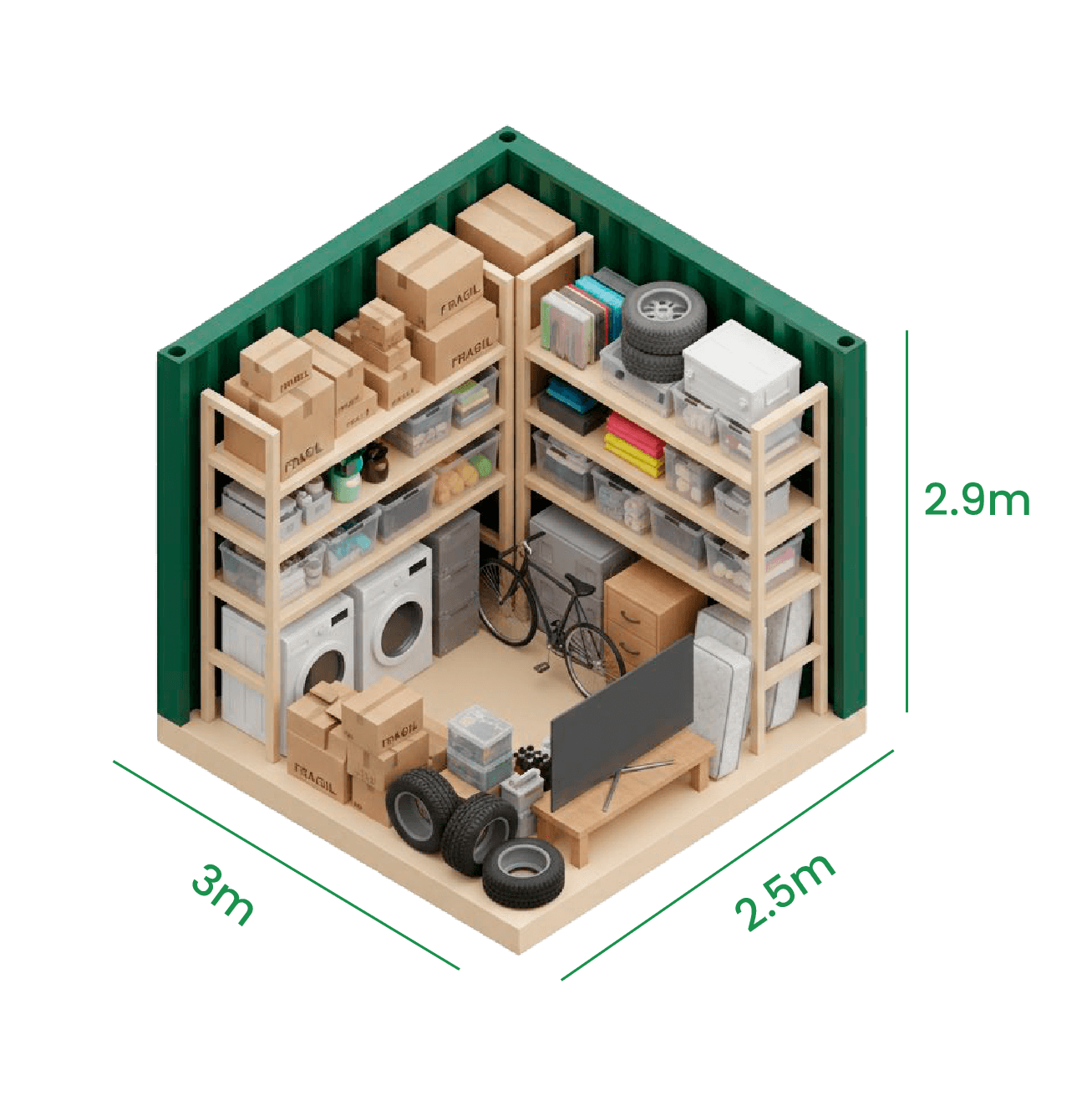Unidad COMPACT de 8 m² vista por dentro, con sus medidas: 3,00 × 2,50 × 2,90 m