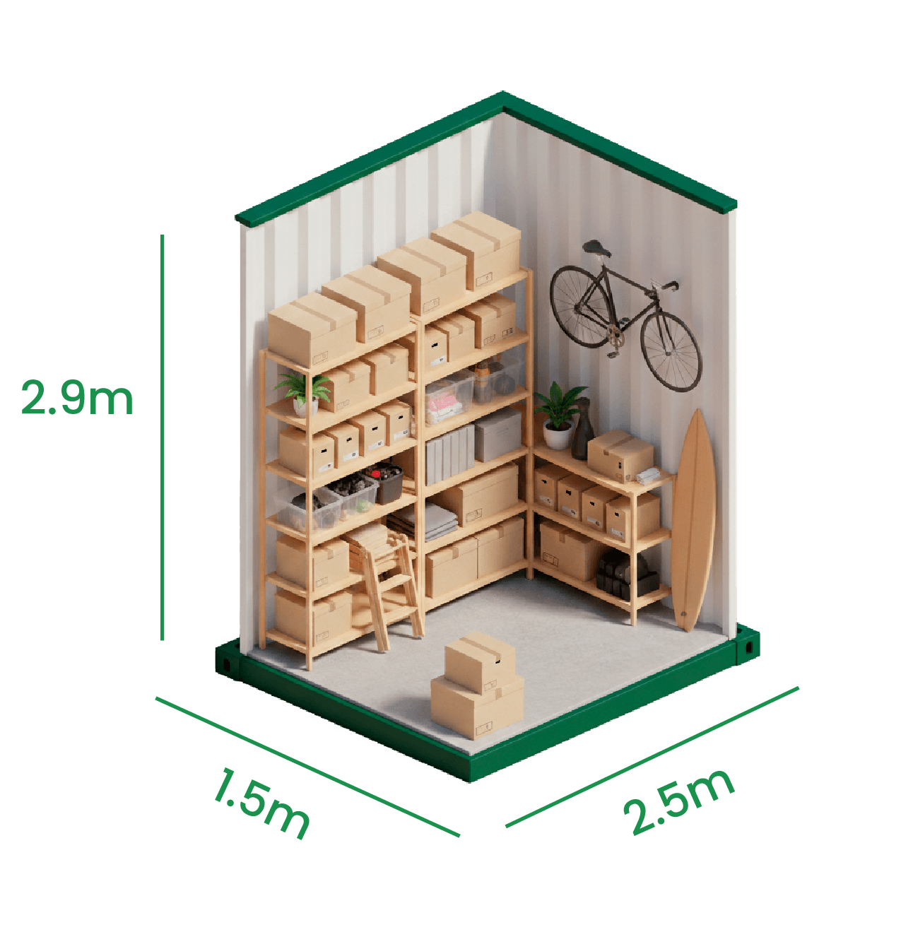 Unidad MINI de 4 m² vista por dentro, con sus medidas: 1,50 × 2,50 × 2,90 m