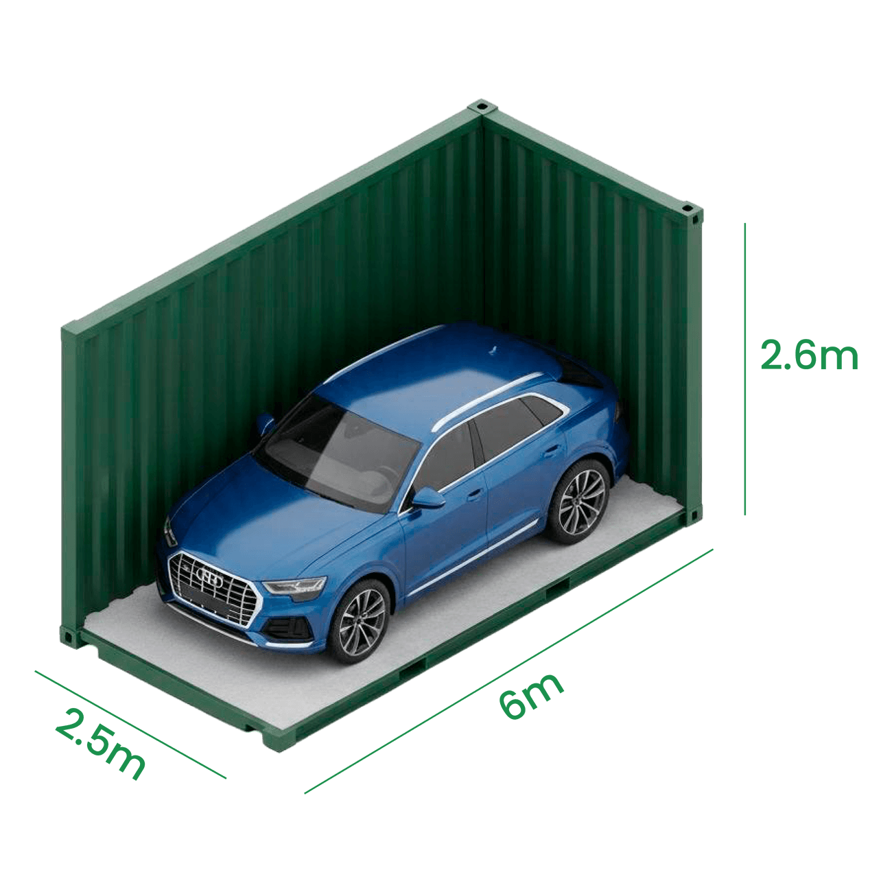 Unidad STANDARD de 15 m² vista por dentro, con sus medidas: 2,50 × 6,00 × 2,60 m